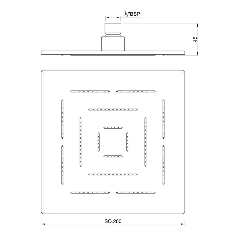 Technical drawing for Jaquar Chrome Kubix Prime Maze Single Function (200x200)