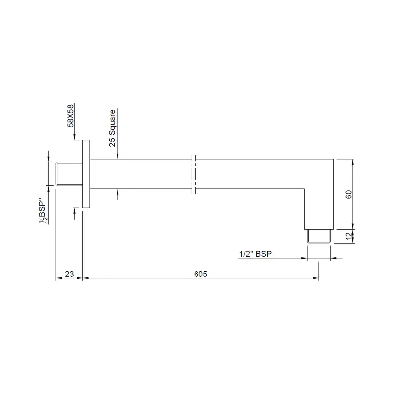 Technical drawing for Jaquar Chrome Kubix Prime Square Shower Arm (600mm)