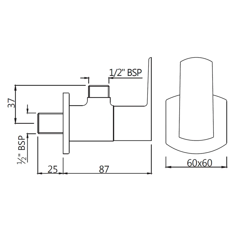 Technical drawing for Jaquar Chrome Kubix Prime Wall Mounted Stop Valve