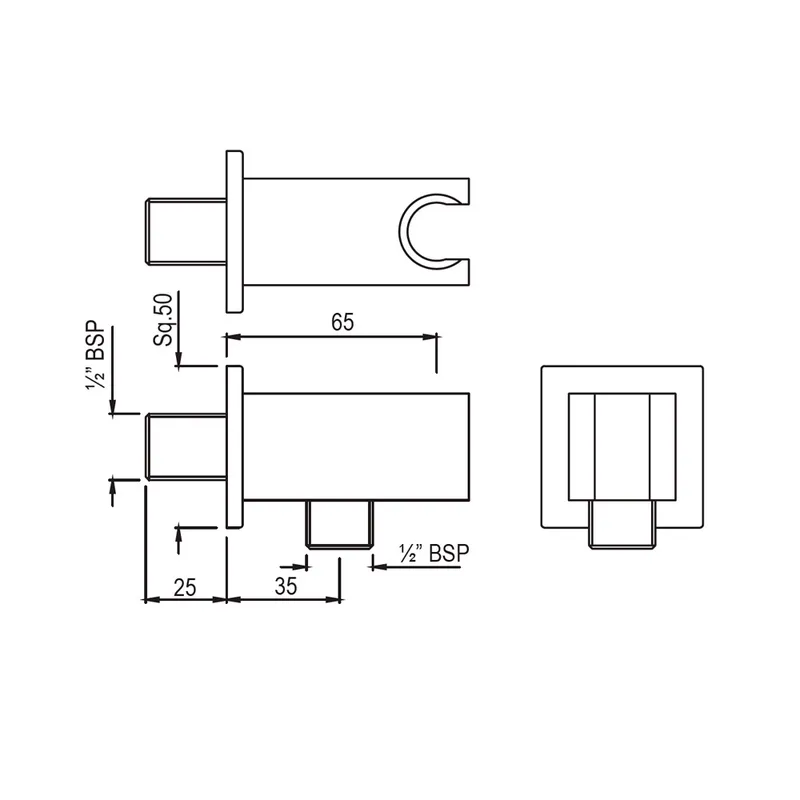 Technical drawing for Jaquar Chrome Kubix Prime Wall Outlet with Handset Holder