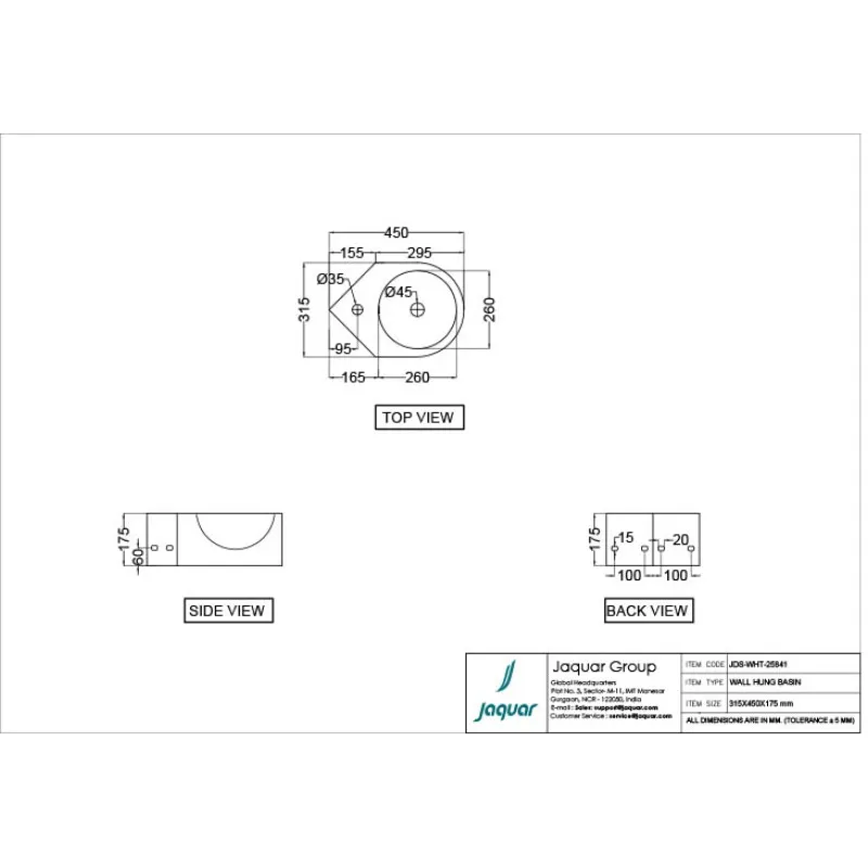 Technical drawing for Jaquar Designer White Wall Hung Corner Basin 315x450mm