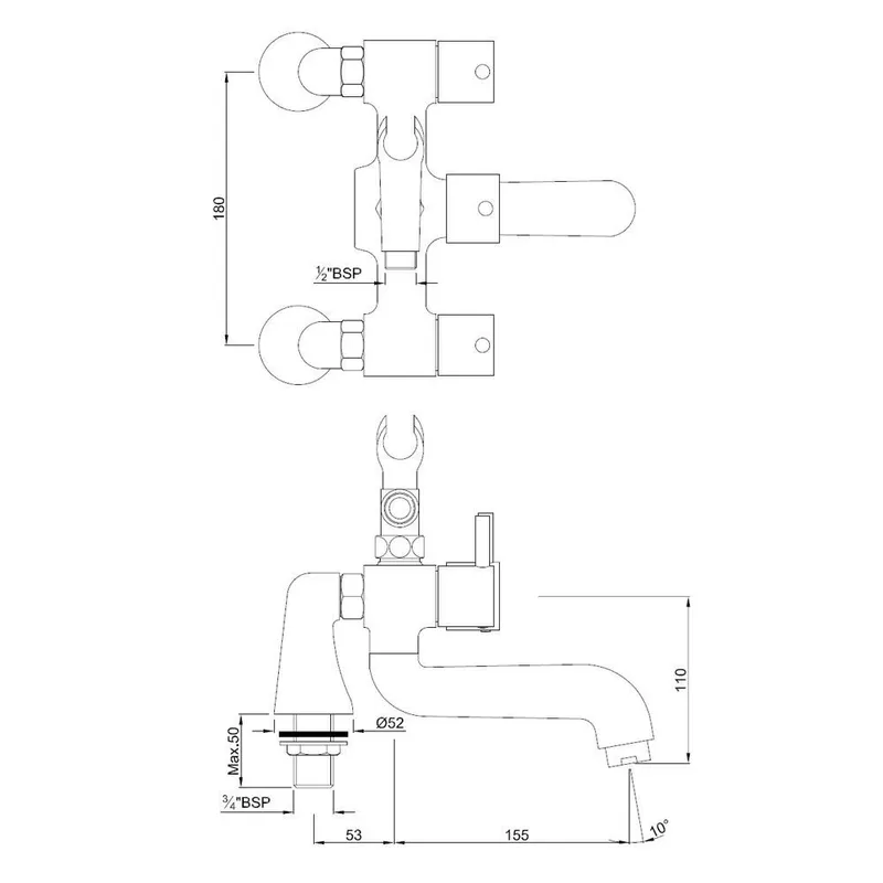 Technical drawing for Jaquar Florentine Chrome Bath Tub Mixer