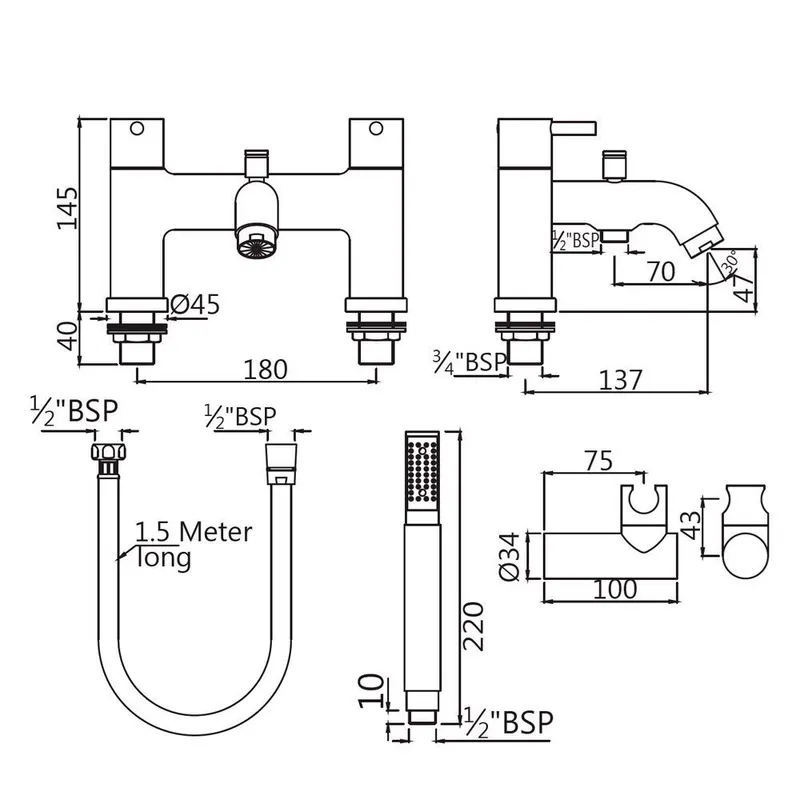 Technical drawing for Jaquar Florentine Chrome H Type Bath and Shower Mixer with Shower