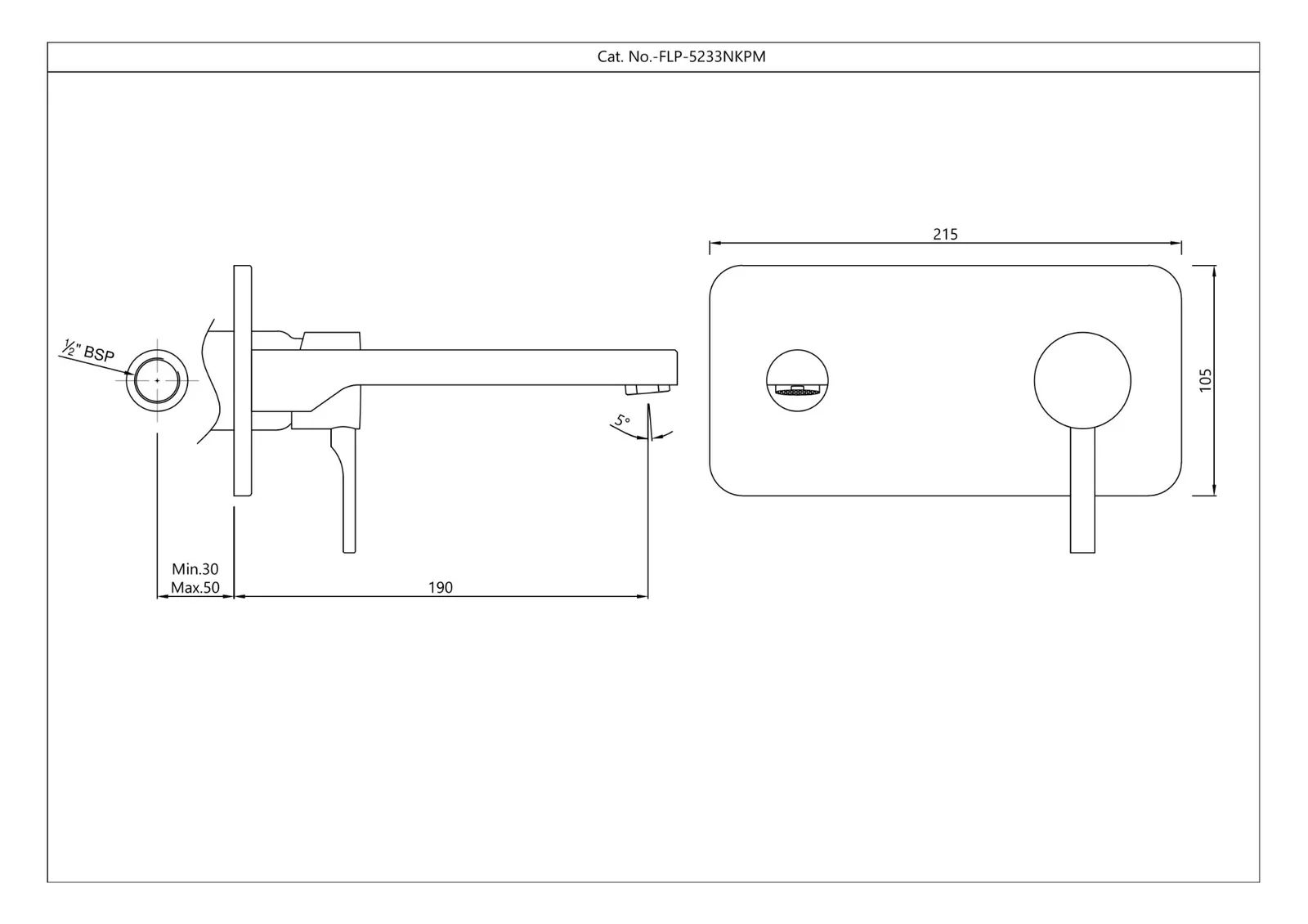 Technical drawing for Jaquar Florentine Chrome Prime 2-Hole Wall-Mounted Basin Mixer
