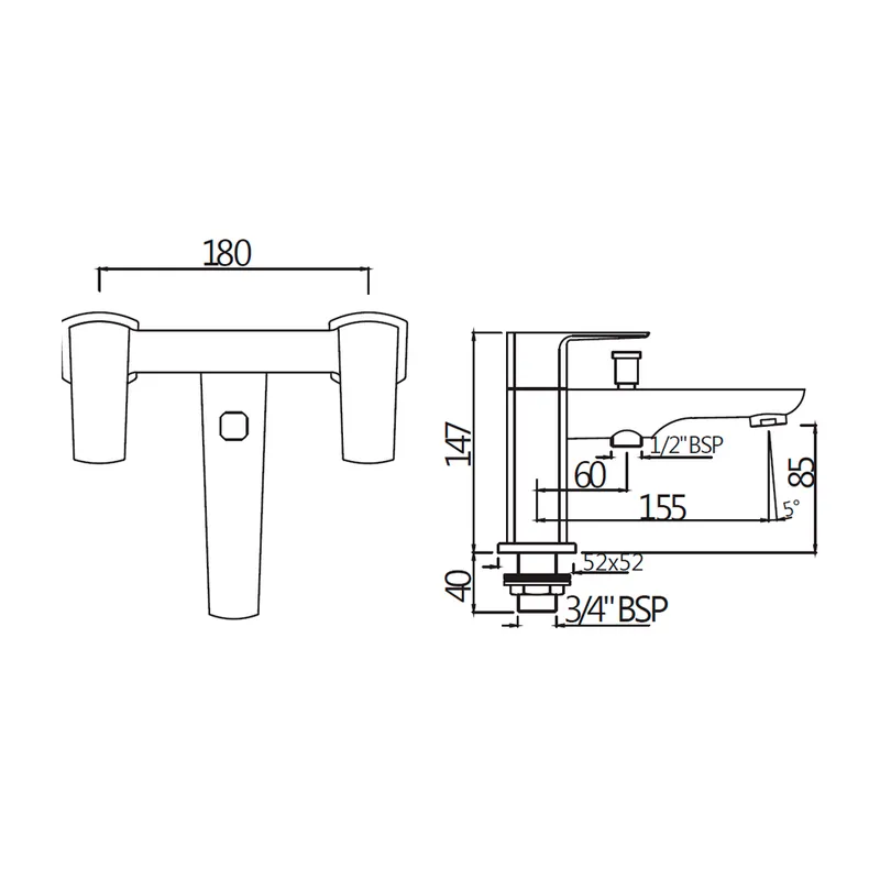 Technical drawing for Jaquar Kubix Chrome H Type Bath and Shower Mixer