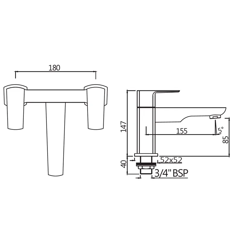 Technical drawing for Jaquar Kubix Chrome Prime 2 Hole H Type Bath Filler