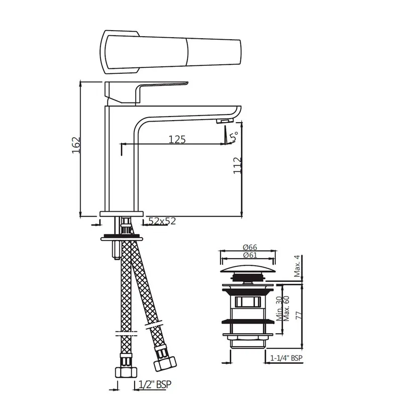 Technical drawing for Jaquar Kubix Prime Chrome Mono Basin Mixer Includes Compatible click clack waste