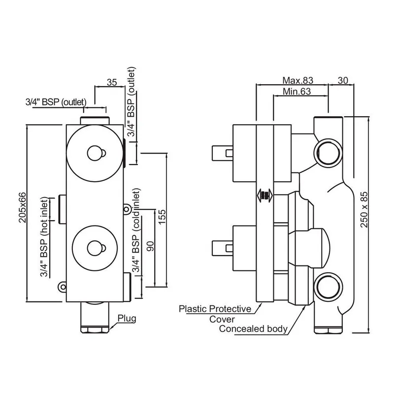 Technical drawing for Jaquar Laguna Black Matt Combo of Aquamax Thermostatic Shower mixer