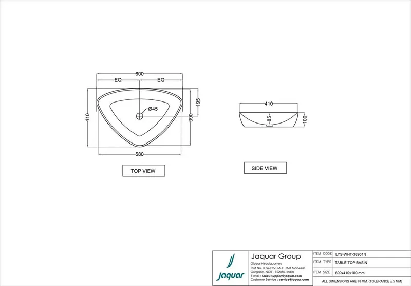 Technical drawing for Jaquar Lyric White Thin Rim Table Top Basin 600x410mm