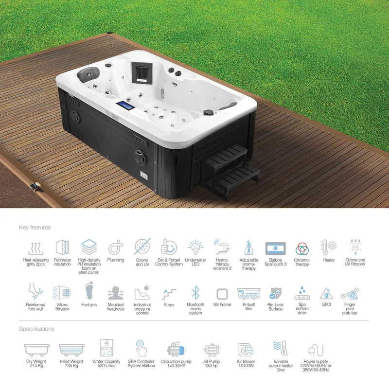 Jaquar Nuonvo SPA 2 seater, Shell Colour-Stunning White With Bluetooth, UV,LED Aromatherapy, in Dark Grey - photograph 3