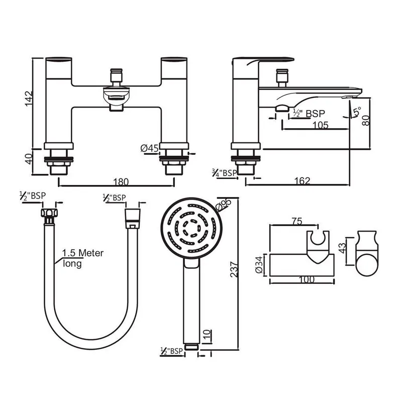 Technical drawing for Jaquar Opal Chrome Prime H-Type Bath & Shower Mixer