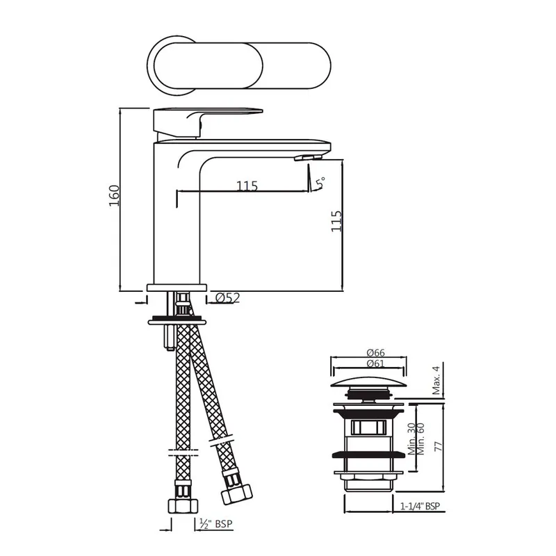 Technical drawing for Jaquar Opal Chrome Prime Mono Basin Mixer Includes Compatible click clack waste