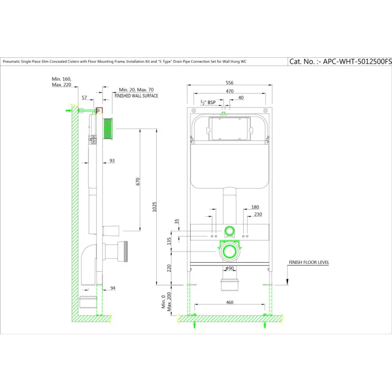 Technical drawing for Jaquar Pneumatic Single Piece Slim In-wall Cistern with Floor Mounting System