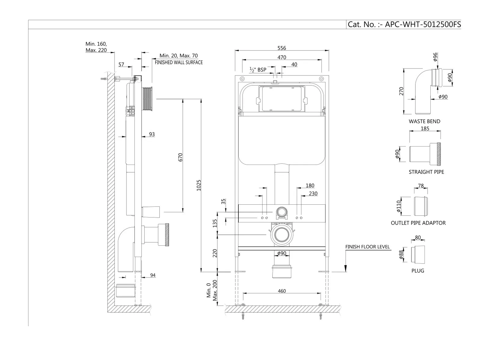 Technical drawing for Jaquar Pneumatic Single Piece Slim In-wall Cistern with Floor Mounting Frame