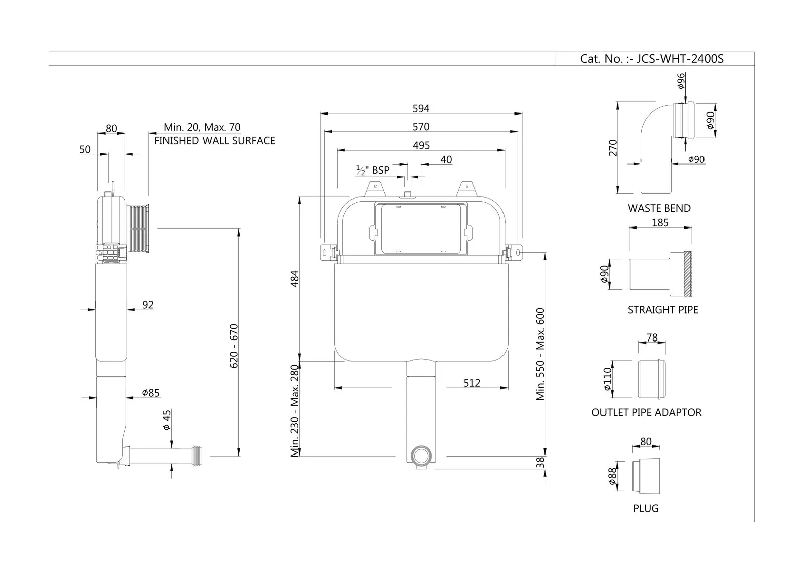 Technical drawing for Jaquar White Single Piece Slim In-wall Cistern Body