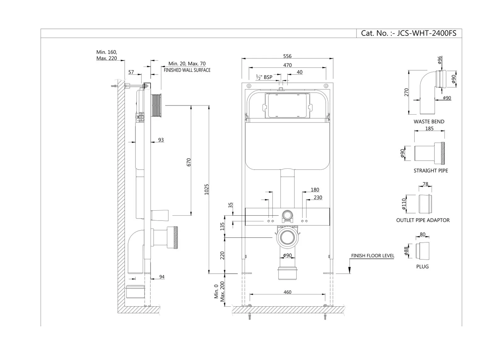 Technical drawing for Jaquar White Single Piece Slim In-wall Cistern with Floor Mounting Frame