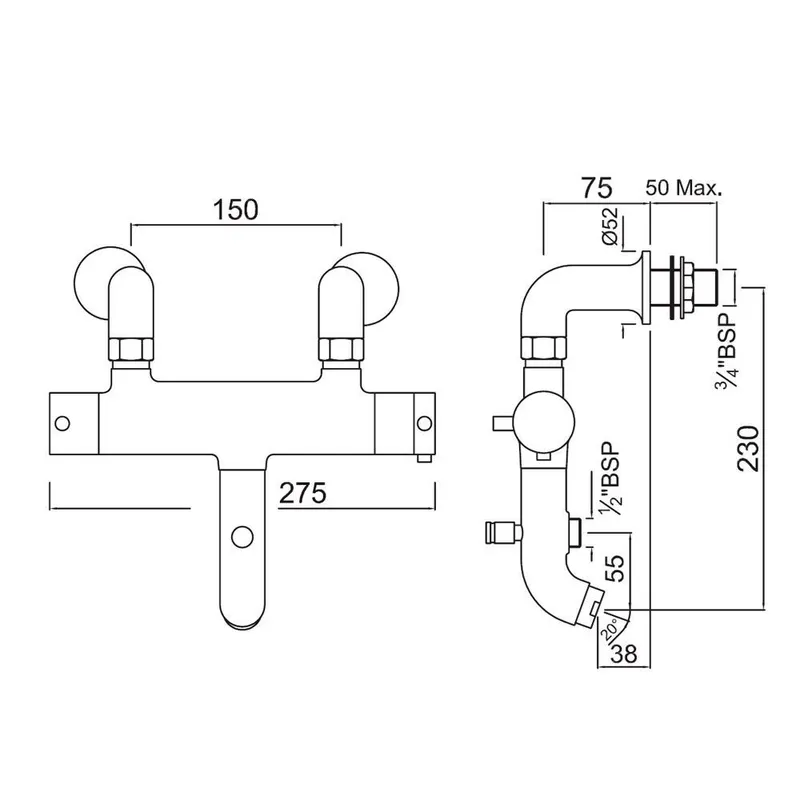 Technical drawing for Jaquar Thermostatic Chrome Exposed Bath & Shower Mixer.