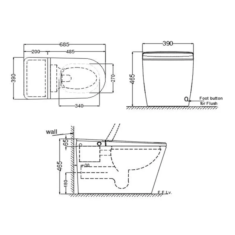 Technical drawing for Jaquar White Aqua Fully Automatic Rimless Floor Mounted Toilet Electronic PP Seat Cover