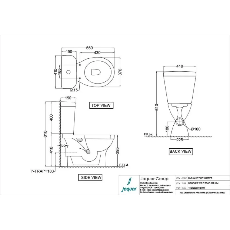 Technical drawing for Jaquar White Continental Bowl With Cistern For Coupled WC With PP Soft Close Seat Cover