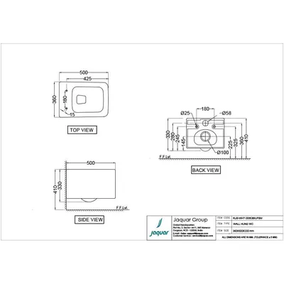 Technical drawing for Jaquar White Kubix Rimless Blind Installation Wall Hung Toilet With UF Soft Close Slim Seat Cover