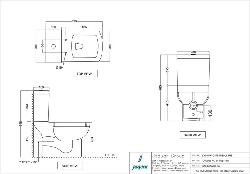 Technical drawing for Jaquar White Lyric Bowl With Cistern For Coupled Toilet with UF Soft Close Slim Seat Cover