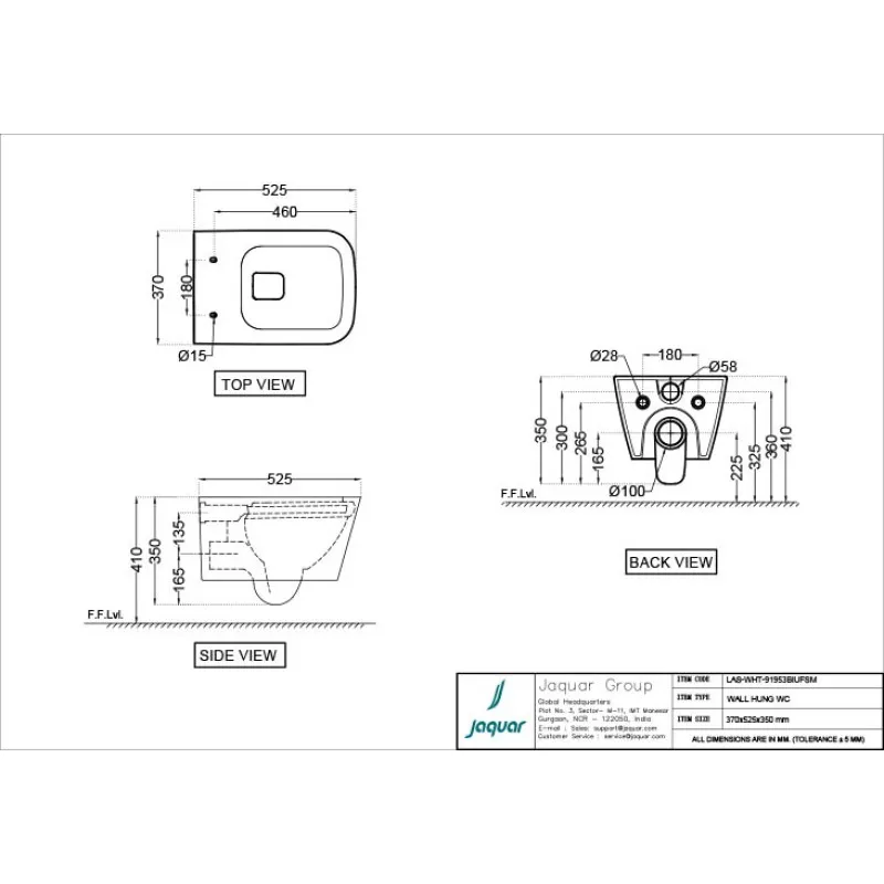 Technical drawing for Jaquar White Rimless Blind Installation Wall Hung Toilet With UF Soft Close Slim Seat Cover