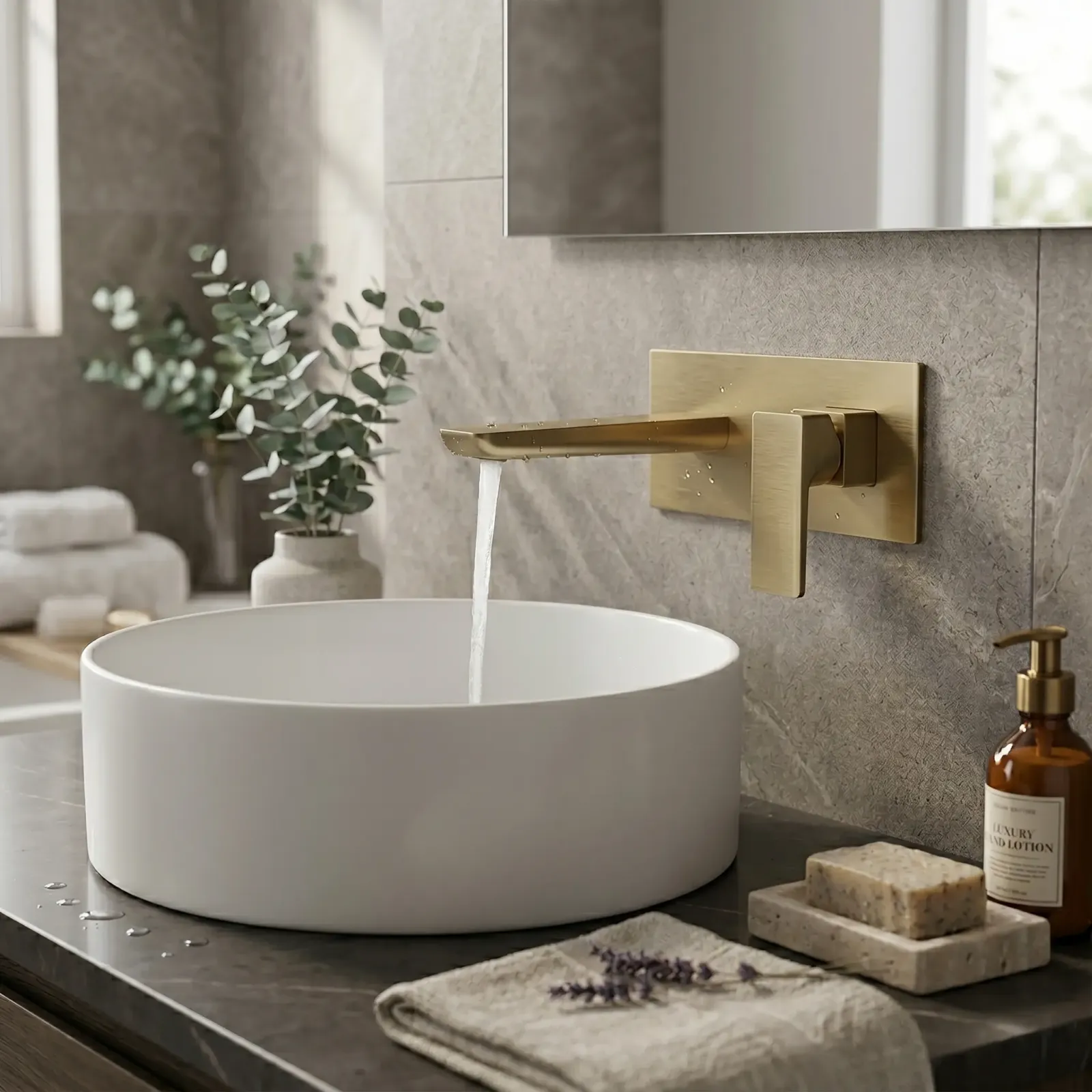 Kolt Brushed Brass Wall Mounted Basin Mixer Tap in Brushed Brass - photograph 2