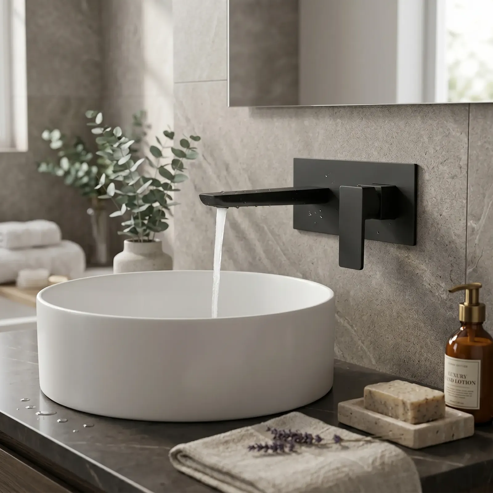 Kolt Matt Black Wall Mounted Basin Mixer Tap in Black - photograph 2