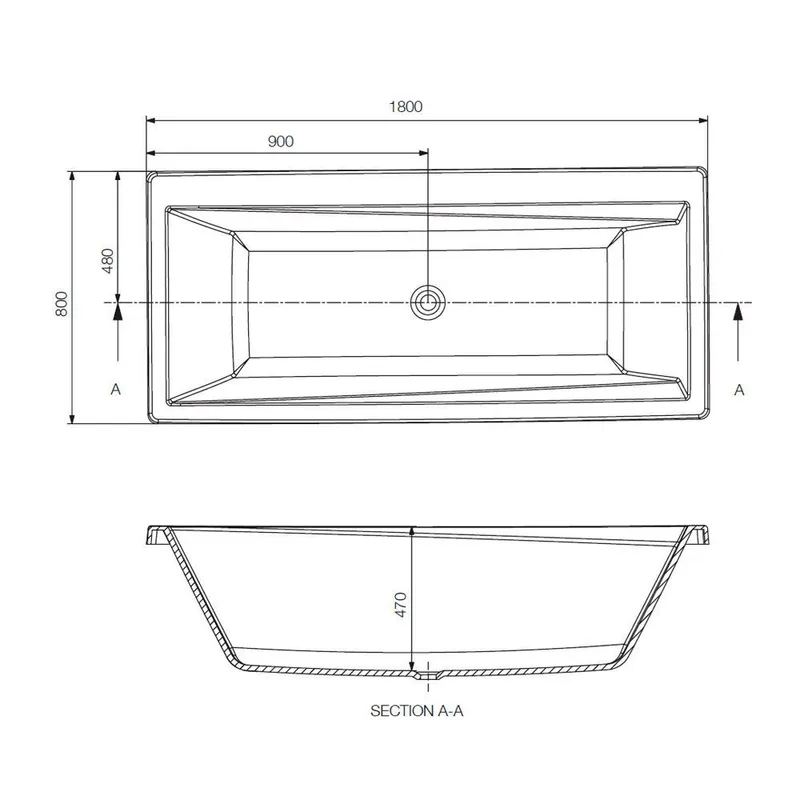 Technical drawing for Kubix White Built-in Bathtub With Powder Coated MS Frame 1800X800mm