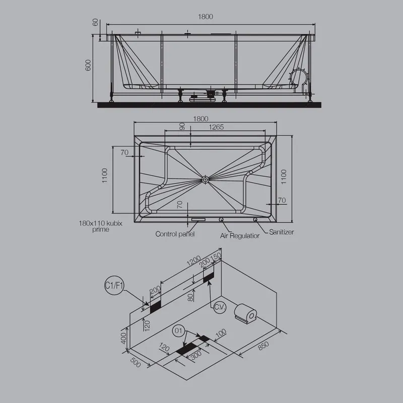 Technical drawing for Kubix White Prime Whirlpool And Airpool Combi System 1800X800mm