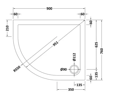 Technical drawing for Left Hand OFF SET Quadrant White Shower Trays (900 x 760mm)