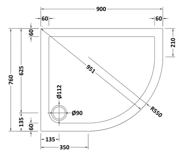 Technical drawing for Right Hand OFF SET Quadrant White Shower Trays (900 x 760mm)