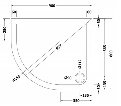 Technical drawing for Left Hand OFF SET Quadrant White Shower Trays (900 x 800mm)