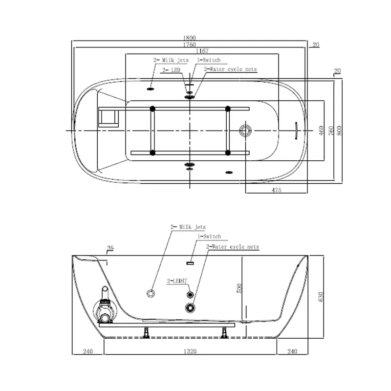 Technical drawing for Lexa White Free Standing Oxypool System Bath Tub 1800x800mm