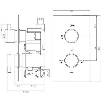 Technical drawing for Messina One Outlet Thermostatic Concealed Shower Mixer Chrome Plated
