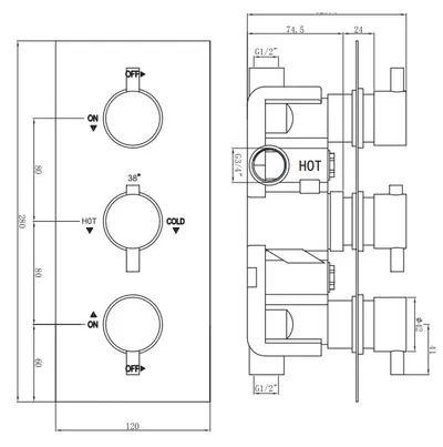 Technical drawing for Black Matt Thermostatic Concealed Shower Set – 3-Knob, 2-Outlet with 200mm Head & Hand Shower
