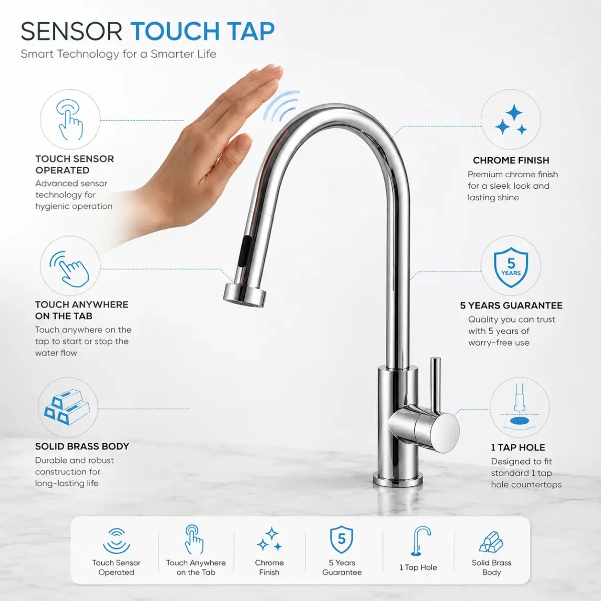 OLA-SENSOR TOUCH Pull Out Kitchen Mixer Tap Chrome in Chrome - photograph 2