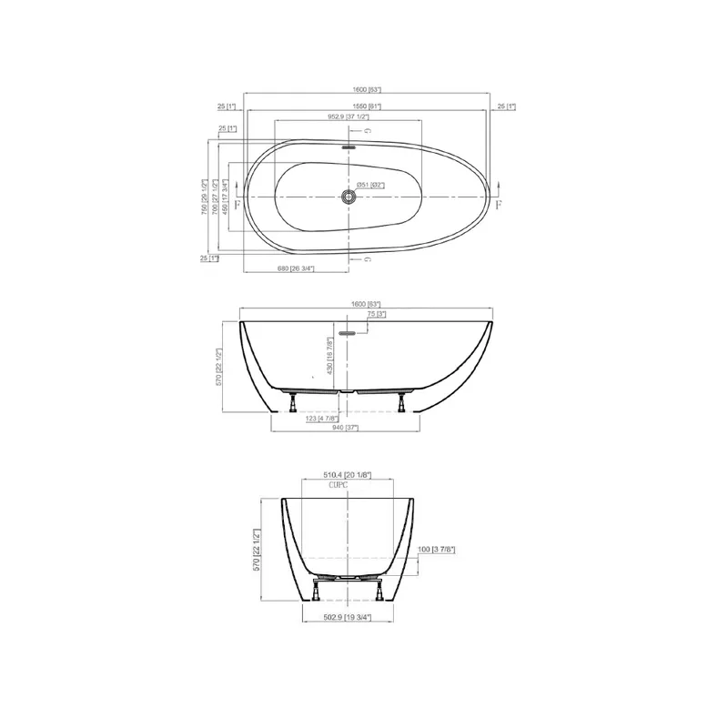Technical drawing for Oliv White Free Standing Bathtub With Built In Overflow & Pop-Up Waste 1600X750mm