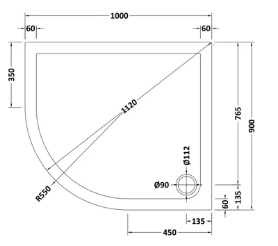 Technical drawing for Left Hand OFF SET Quadrant White Shower Trays (1000 x 900mm)