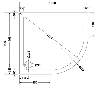 Technical drawing for Right Hand OFF SET Quadrant White Shower Trays (1000 x 900mm)