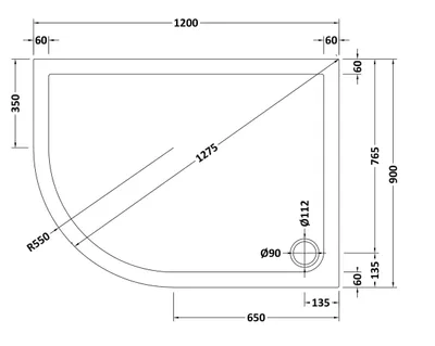 Technical drawing for Left Hand OFF SET Quadrant White Shower Trays (1200 x 900mm)