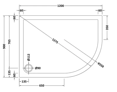 Technical drawing for Right Hand OFF SET Quadrant White Shower Trays (1200 x 900mm)