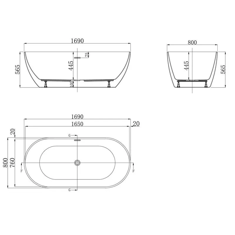 Technical drawing for Saipan White Free Standing Bathtub 1690X800mm with overflow & waste