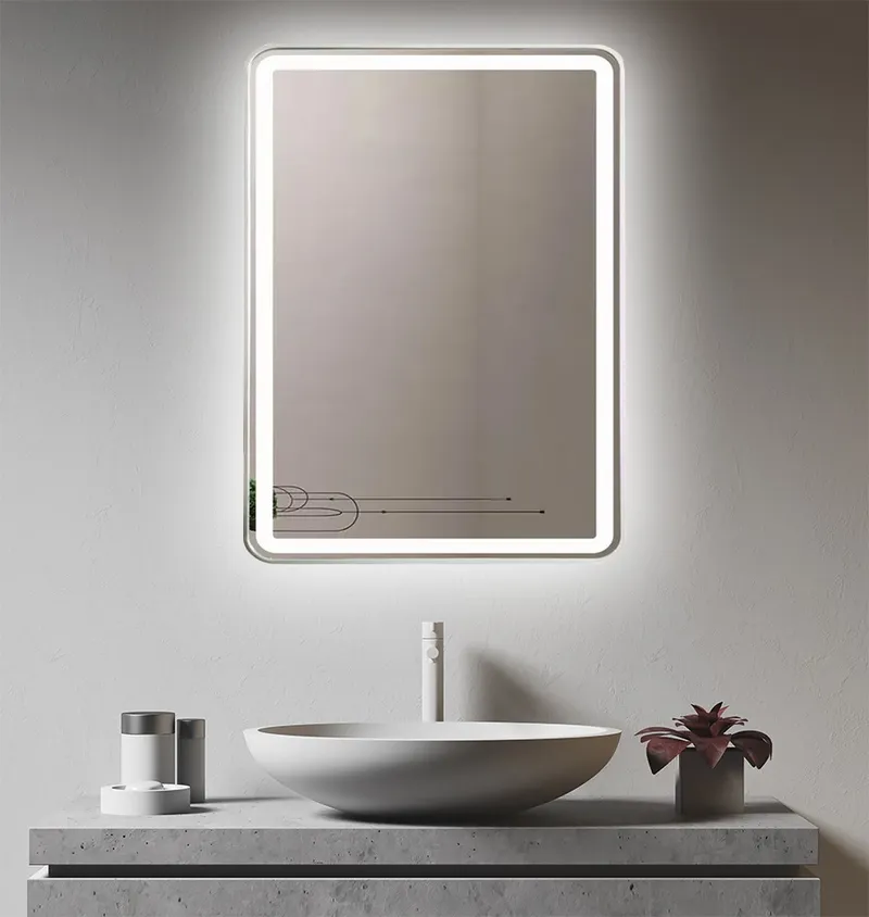 Sofia Framed Brushed Nickel LED mirror rounded corner SN-600 in Brushed Nickel