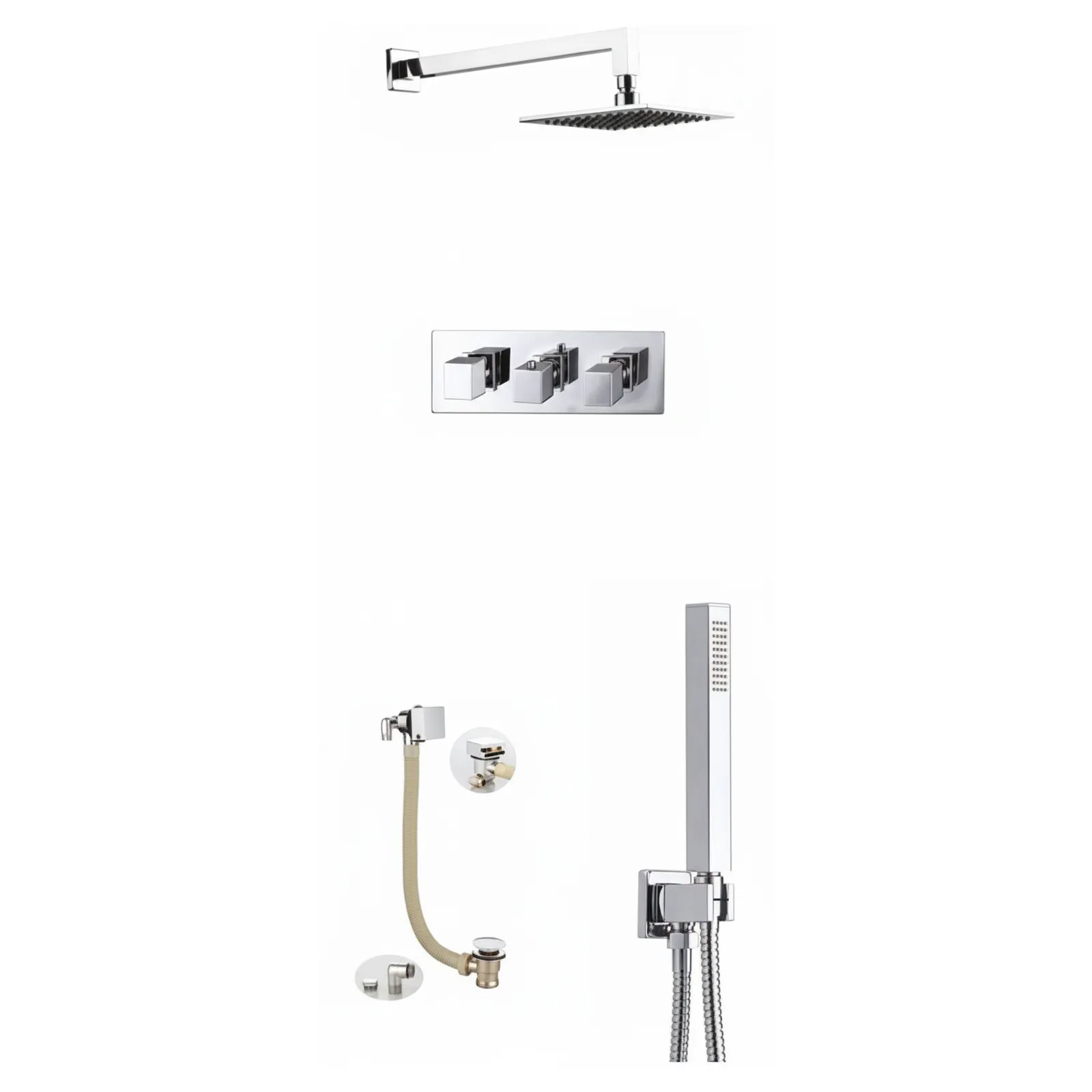 Thermostatic concealed Chrome Plated horizontal shower valve Three Knobs 3 Outlets, Overhead shower, Bath filler with clicker waste in Chrome