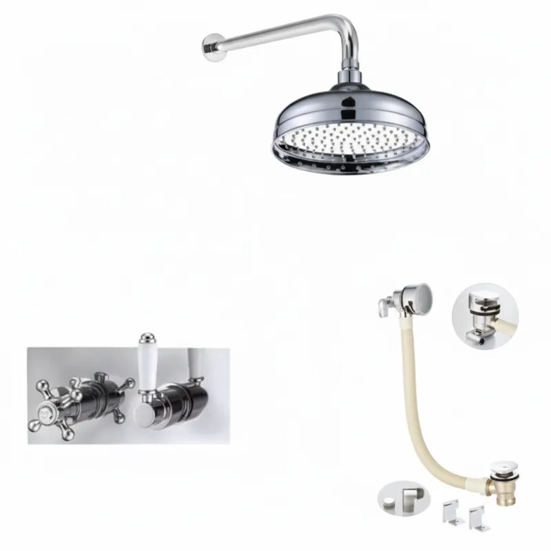 Thermostatic concealed Chrome Plated shower valve one Handle & one Cross Head 2 Outlets, Overhead shower, Bath filler with clicker waste in Chrome