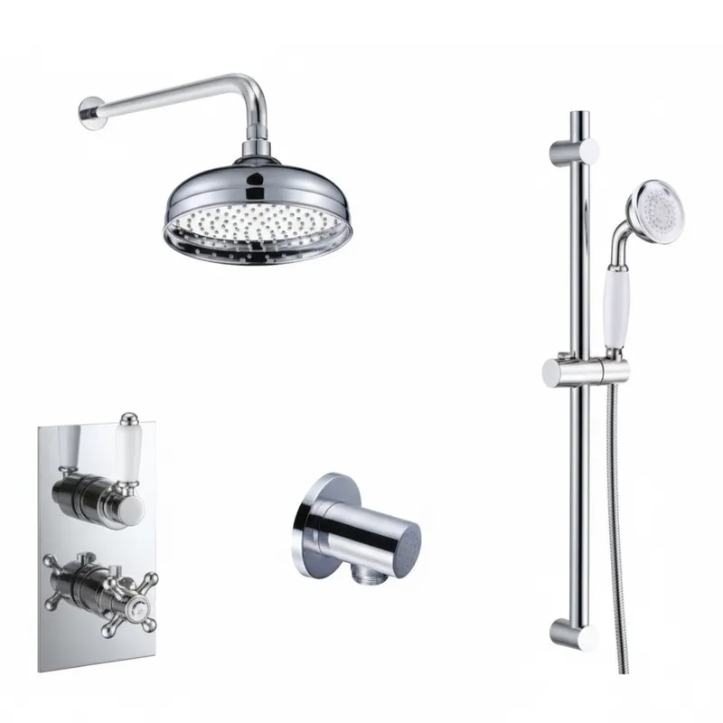 Thermostatic concealed Chrome Plated shower valve one Handle & one Cross Head 2 Outlets, Overhead shower, shower arm 300mm, Slide rail kit in Chrome