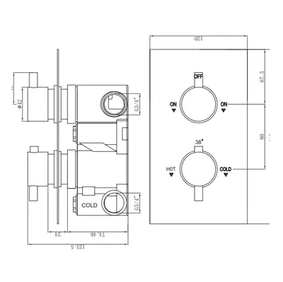 Technical drawing for Thermostatic concealed Chrome Plated shower valve one Handle & one Cross Head 2 Outlets, Overhead shower, shower arm 300mm, Slide rail kit