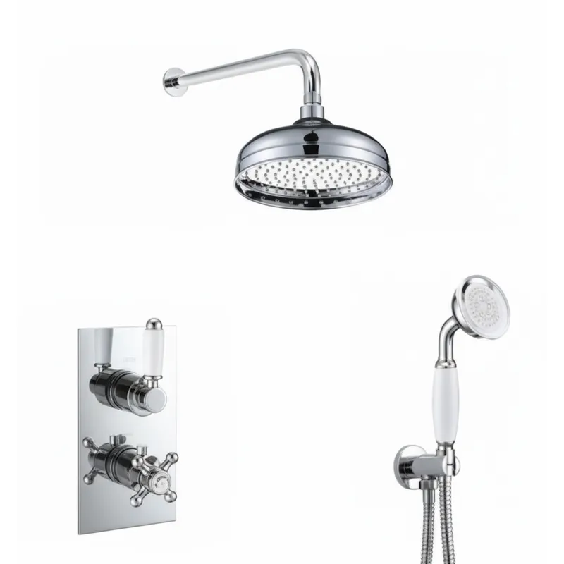 Thermostatic concealed Chrome Plated shower valve one Handle & one Cross Head 2 Outlets, Overhead shower, shower arm, outlet with hand shower in Chrome