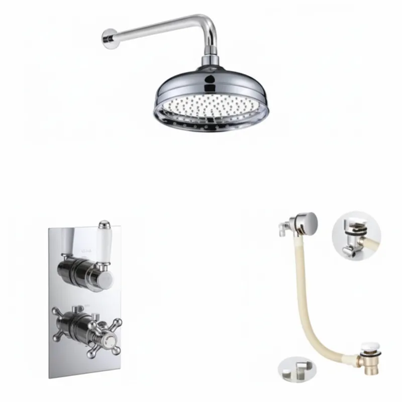Thermostatic concealed Chrome Plated shower valve one Handle & one Cross Head 2 Outlets, Overhead shower, Slimline Bath filler with clicker waste in Chrome